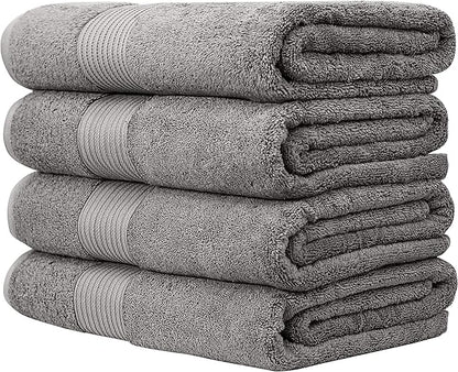 Luxury Oversized Bath Towels | 650 GSM, 34" x 56" | Hotel Quality, Soft & Highly Absorbent | Quick Dry, Thick, Combed Cotton Bathroom Towels | Grey - 4 Pack