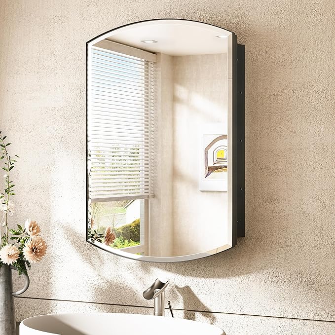 TokeShimi 20x30 Black Mirror Medicine Cabinet Recessed Oval Beveled Mirror with Storage Bathroom, Metal Arched Medicine Cabinet with Mirror Wall Mount Farmhouse