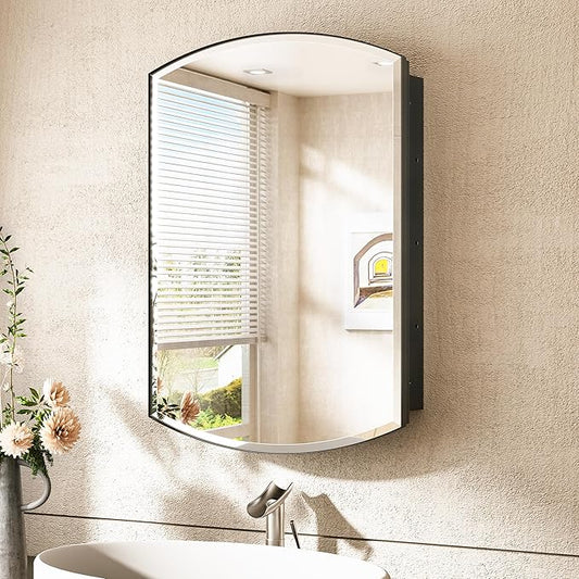TokeShimi 20x30 Black Mirror Medicine Cabinet Recessed Oval Beveled Mirror with Storage Bathroom, Metal Arched Medicine Cabinet with Mirror Wall Mount Farmhouse