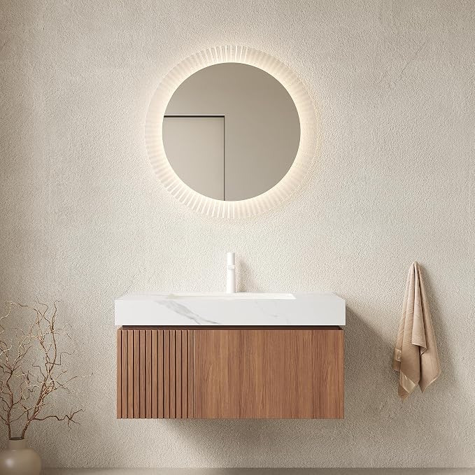 KEIKI 36 Inch Floating Bathroom Vanity with Sink, Brown Oak & White | Modern Wall Mounted Storage Cabinet w/ Drawer & Door, Pre-assembled Wood Panels, Sintered Stone Top & Ceramic Basin Combo Set