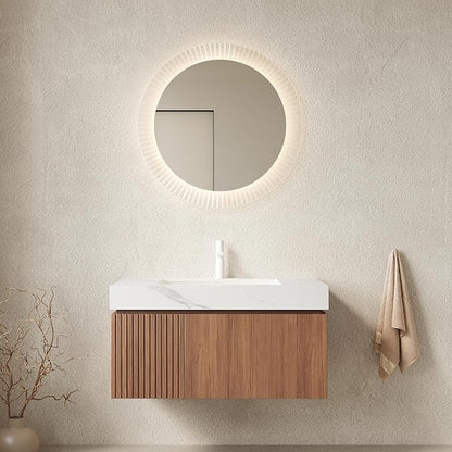 KEIKI 36 Inch Floating Bathroom Vanity with Sink, Brown Oak & White | Modern Wall Mounted Storage Cabinet w/ Drawer & Door, Pre-assembled Wood Panels, Sintered Stone Top & Ceramic Basin Combo Set