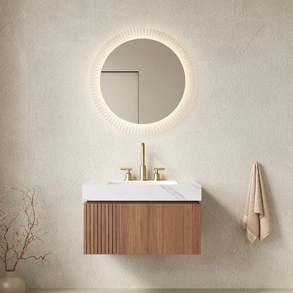 KEIKI 30 Inch Floating Bathroom Vanity with Sink, Brown Oak & White | Modern Wall Mounted Storage Cabinet w/ Drawer & Door, Pre-assembled Wood Panels, Sintered Stone Top & Ceramic Basin Combo Set