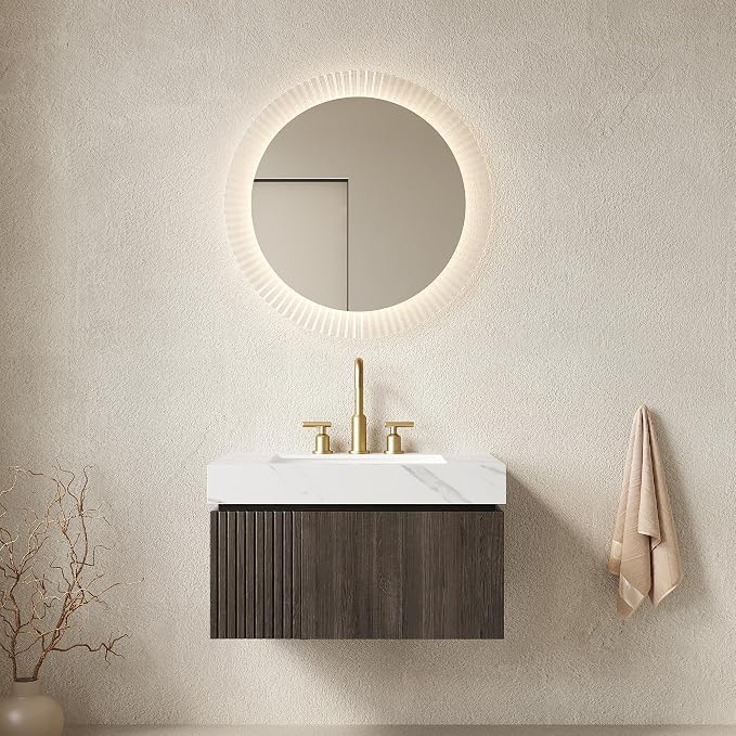 KEIKI 30 Inch Floating Bathroom Vanity with Sink, Espresso & White | Modern Wall Mounted Storage Cabinet w/ Drawer & Door, Pre-assembled Wood Panels, Sintered Stone Top & Ceramic Basin Combo Set