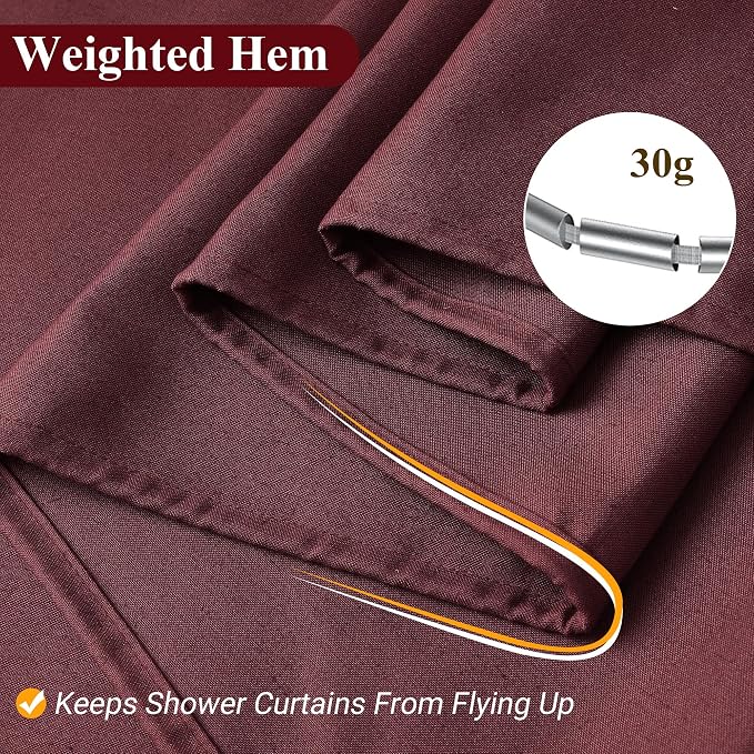 Burgundy Linen Shower Curtain, Country Boho Farmhouse Bath Decor Shower Curtains Neutral Cloth Weighted Textured Fabric Bath Curtain Liner with Hooks, 72x78