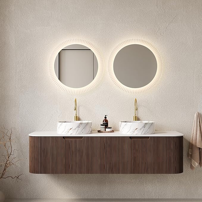 60'' Bathroom Vanities Cabinet with Sink, Wall Mounted Floating Cabinet W/Curved Edges Stripes, Oak Plywood, Soft-Close System with 2 Drawer & 2 White Round Ceramic Basin - Kiel, Dark Walnut/S