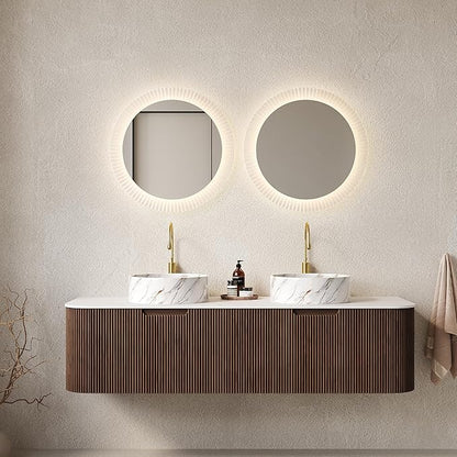60'' Bathroom Vanities Cabinet with Sink, Wall Mounted Floating Cabinet W/Curved Edges Stripes, Oak Plywood, Soft-Close System with 2 Drawer & 2 White Round Ceramic Basin - Kiel, Dark Walnut/S