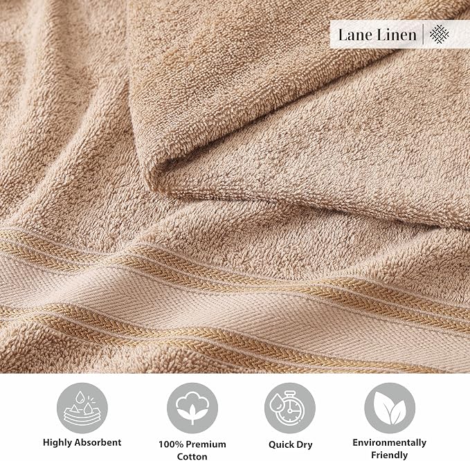 LANE LINEN Large Bath Towel Set Absorbent Quick Dry 100% Cotton - Taupe | Cotton Towels - Fade-Resistant Color, Classic Terry Weave, Densely Woven, Coordinated Colors, Dobby Border Accent