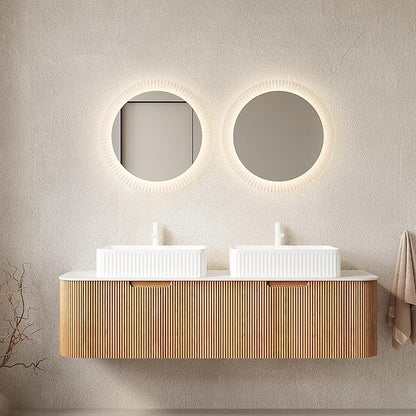 60'' Bathroom Vanities Cabinet with Sink, Wall Mounted Floating Cabinet W/Curved Edges Stripes, Oak Plywood, Soft-Close System with 2 Drawer & White Rectangular Ceramic Basin - Kiel, Natural Wood/W