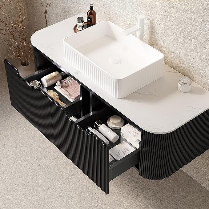 Yayzy 48" Floating Bathroom Vanity with Sink, Solid Wood Fluted Cabinet, White Fluted Square Ceramic Basin & Faux Marble Top, Soft-Close Drawer, Pre-Assembled, Gloss Black