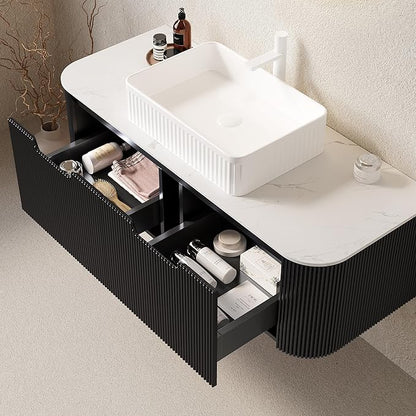 Yayzy 48" Floating Bathroom Vanity with Sink, Solid Wood Fluted Cabinet, White Fluted Square Ceramic Basin & Faux Marble Top, Soft-Close Drawer, Pre-Assembled, Gloss Black