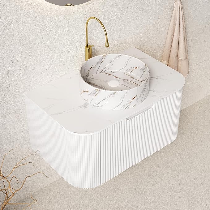 30'' Floating Vanity with Sink Combo, Modern Wall-Mounted Curved Edges Striped Bathroom Storage Cabinet with Soft-Close Drawer and White Stone Pattern Basin, White