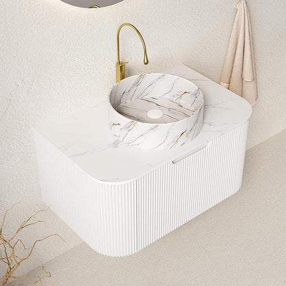30'' Floating Vanity with Sink Combo, Modern Wall-Mounted Curved Edges Striped Bathroom Storage Cabinet with Soft-Close Drawer and White Stone Pattern Basin, White