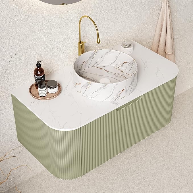 36'' Floating Vanity with Sink Combo, Modern Wall-Mounted Curved Edges Striped Bathroom Storage Cabinet with Soft-Close Drawer and White Stone Pattern Basin, Light Green