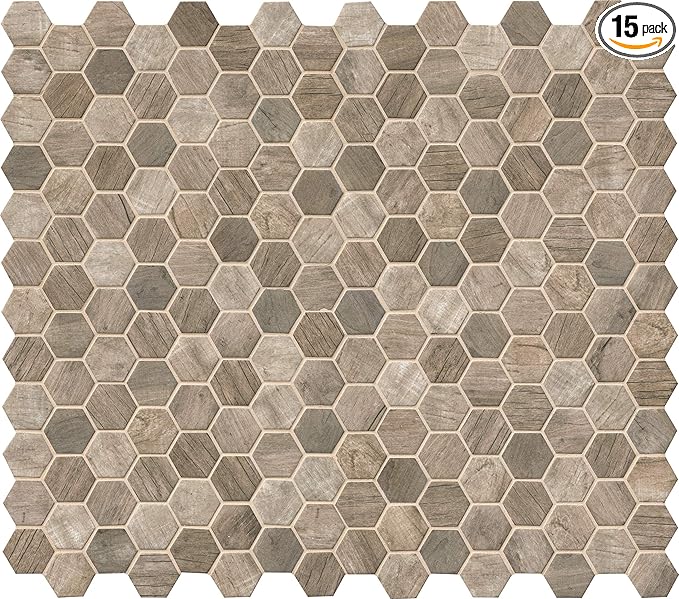 MSI Driftwood Hexagon Glass Mesh-Mounted Mosaic Tile, 11.02 in. x 12.76 in. (14.65 sq. ft./case) for Kitchen Backsplash, Bathroom Wall, Accent Wall, and Shower