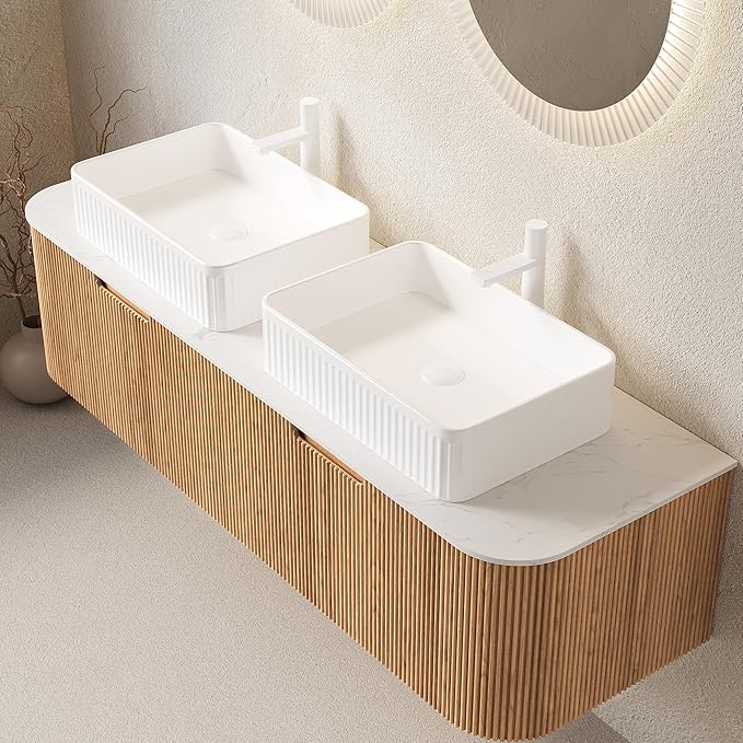 60'' Bathroom Vanities Cabinet with Sink, Wall Mounted Floating Cabinet W/Curved Edges Stripes, Oak Plywood, Soft-Close System with 2 Drawer & White Rectangular Ceramic Basin - Kiel, Natural Wood/W