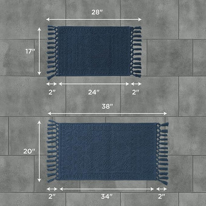 French Connection Nellore Bathroom Rugs, Set of 2 Woven and Beaded Bathroom Mats, Durable Bath Rugs, Thick Bath Mats for Bathroom and Shower Rugs, 17" x 28" and 20" x 38", Navy