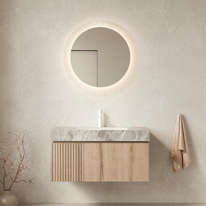 KEIKI 36 Inch Floating Bathroom Vanity with Sink, White Oak & Grey | Modern Wall Mounted Storage Cabinet w/ Drawer & Door, Pre-assembled Wood Panels, Sintered Stone Top & Ceramic Basin Combo Set