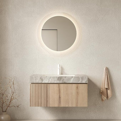 KEIKI 36 Inch Floating Bathroom Vanity with Sink, White Oak & Grey | Modern Wall Mounted Storage Cabinet w/ Drawer & Door, Pre-assembled Wood Panels, Sintered Stone Top & Ceramic Basin Combo Set