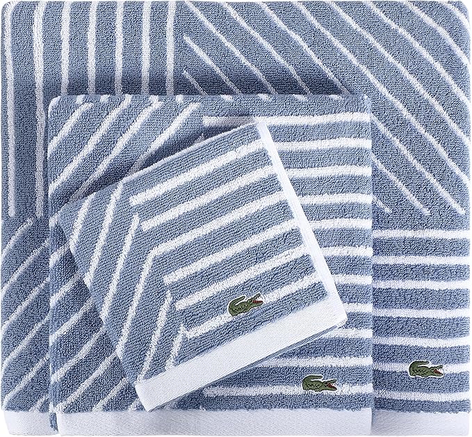 Lacoste Guethary Striped 6PC Towel Set – 100% Cotton, Reversible Design, Durable & Lightweight, Machine Washable – Denim, 2 Bath Towels (30"x54"), 2 Hand Towels (16"x30"), 2 Washcloths (13"x13")