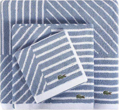 Lacoste Guethary Striped 6PC Towel Set – 100% Cotton, Reversible Design, Durable & Lightweight, Machine Washable – Denim, 2 Bath Towels (30"x54"), 2 Hand Towels (16"x30"), 2 Washcloths (13"x13")
