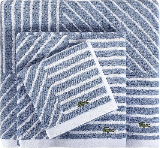 Lacoste Guethary Striped 6PC Towel Set – 100% Cotton, Reversible Design, Durable & Lightweight, Machine Washable – Denim, 2 Bath Towels (30"x54"), 2 Hand Towels (16"x30"), 2 Washcloths (13"x13")