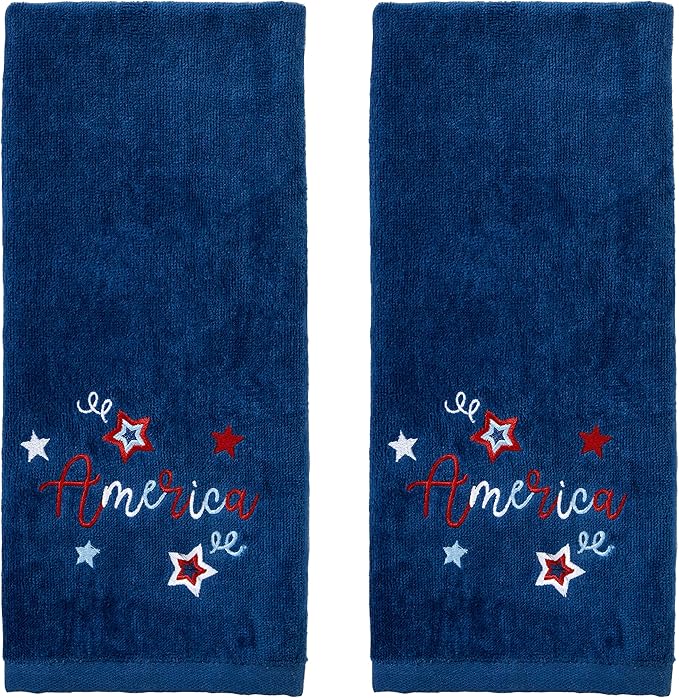 SKL Home Americana Script Hand Towel Set-2pc, Embroidered, Navy | 100% Cotton. Fun for Memorial Day, 4th of July, Labor Day & all patriotic holidays. For use in the bathroom, kitchen or bar.