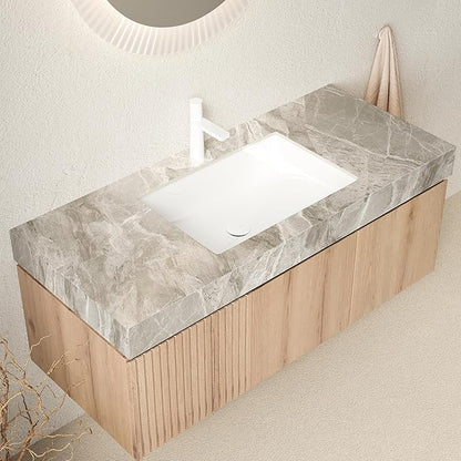 Ambrovina 48" Floating Bathroom Vanity with Sink, Modern Plywood Bathroom Storage Cabinet with Drawer and 2 Doors, Gray Sintered Stone Countertop and White Ceramic Basin, Pre-Assembled, Light Oak
