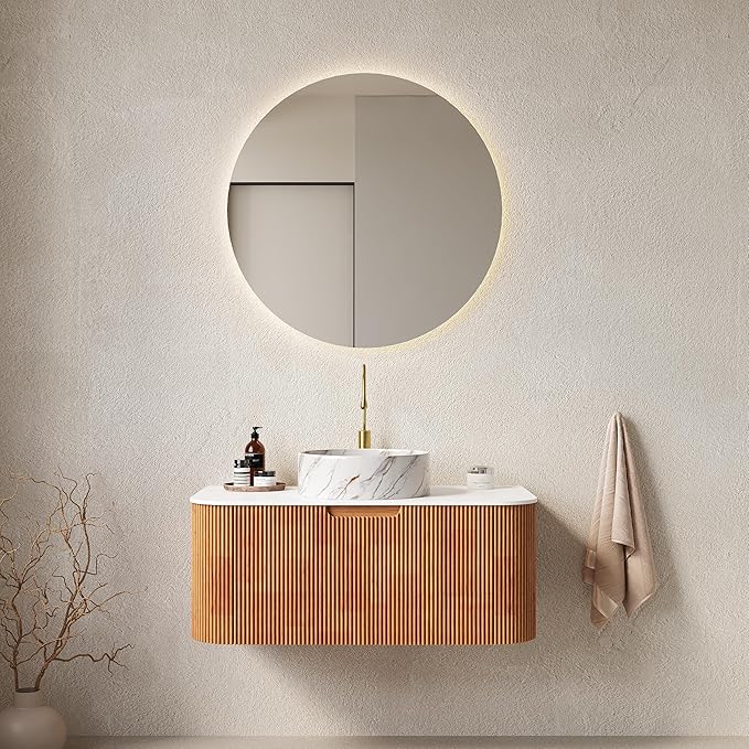 36'' Floating Vanity with Sink Combo, Modern Wall-Mounted Curved Edges Striped Bathroom Storage Cabinet with Soft-Close Drawer and White Stone Pattern Basin, Natural Walnut