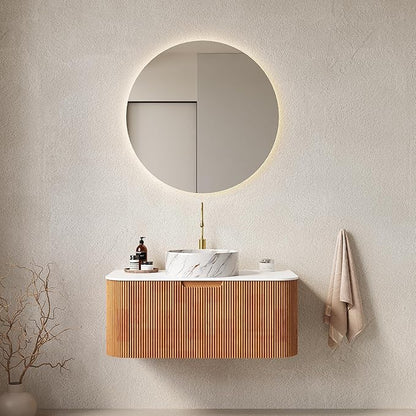 36'' Floating Vanity with Sink Combo, Modern Wall-Mounted Curved Edges Striped Bathroom Storage Cabinet with Soft-Close Drawer and White Stone Pattern Basin, Natural Walnut