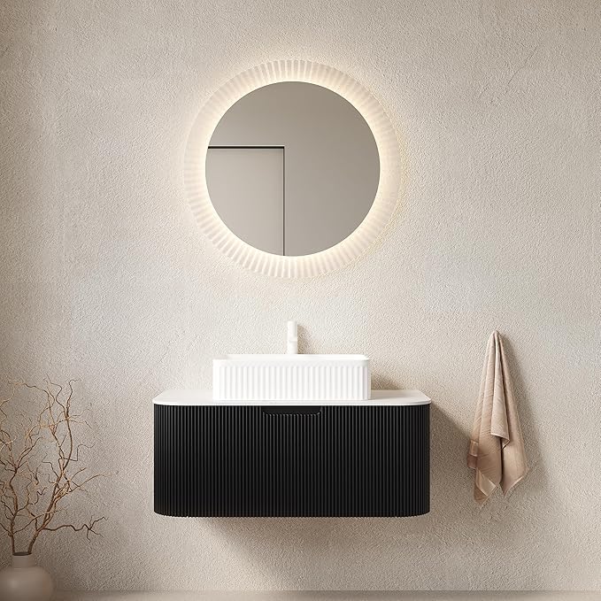 Yayzy 36" Floating Bathroom Vanity with Sink, Solid Wood Fluted Cabinet, White Fluted Square Ceramic Basin & Faux Marble Top, Soft-Close Drawer, Pre-Assembled, Gloss Black