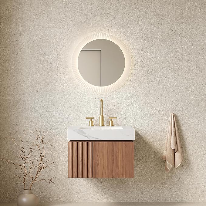 KEIKI 24 Inch Floating Bathroom Vanity with Sink, Brown Oak & White | Modern Wall Mounted Storage Cabinet with 2 Doors, Pre-assembled Wood Panels, Sintered Stone Top & Ceramic Basin Combo Set