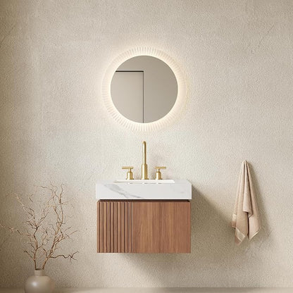 KEIKI 24 Inch Floating Bathroom Vanity with Sink, Brown Oak & White | Modern Wall Mounted Storage Cabinet with 2 Doors, Pre-assembled Wood Panels, Sintered Stone Top & Ceramic Basin Combo Set