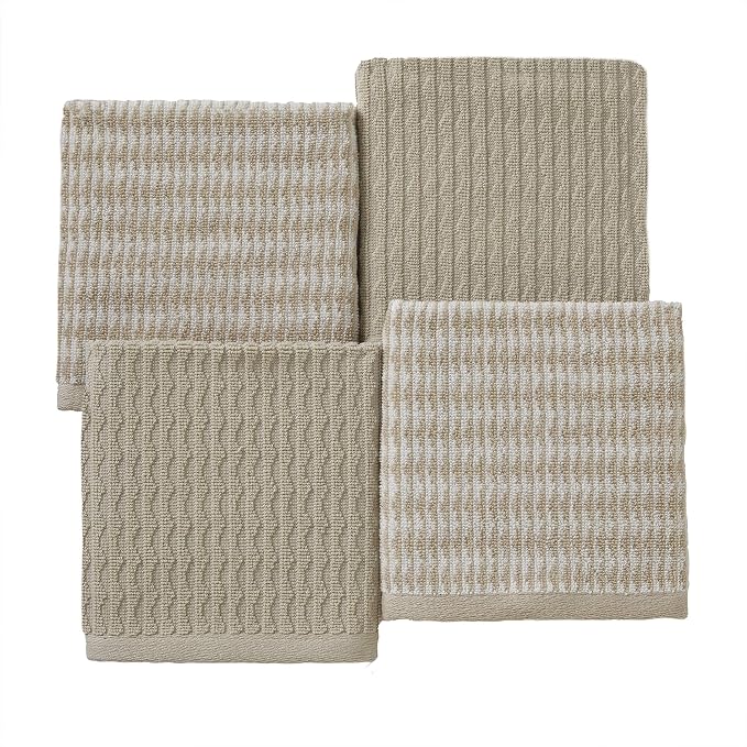 SKL Home Longborough Washcloth Set-4pc, 100% Turkish Cotton, Tan | 520 GSM weight. Soft & absorbent jacquard. Spa-level quality.
