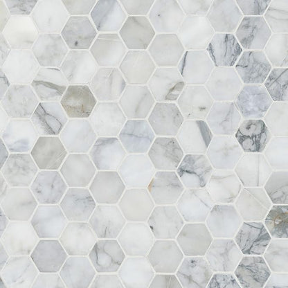MSI Calacatta Cressa 12 in. x 12 in. Hexagon Honed Marble Tile – Kitchen Backsplash, Bathroom Wall, Accent or Shower Wall, Mesh-Mounted Mosaic, White