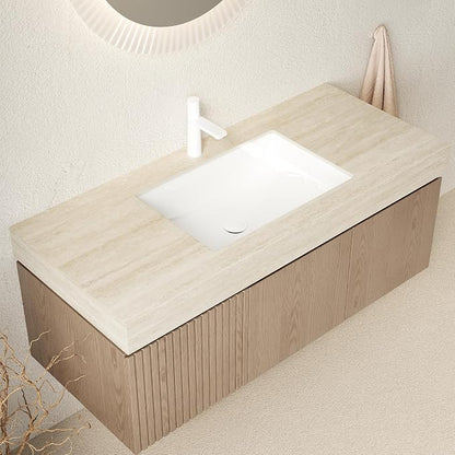 KEIKI 48 Inch Floating Bathroom Vanity with Sink, Light Brown & Beige | Modern Wall Mounted Storage Cabinet w/ Drawer & Door, Pre-assembled Wood Panels, Sintered Stone Top & Ceramic Basin Combo Set