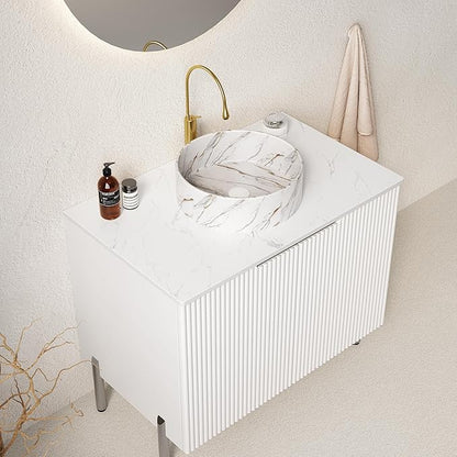 30-Inch Bathroom Vanity with Sink, Freestanding Bathroom Vanities with Marble Ceramic Basin and Sintered Stone Countertop, Soft Closing Door, Modern Bathroom Cabinet, White