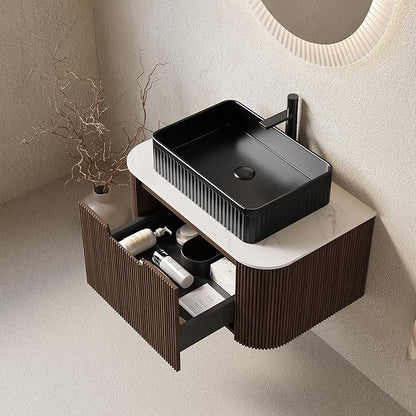 30'' Bathroom Vanities Cabinet with Sink, Wall Mounted Floating Cabinet W/Curved Edges Stripes, Oak Plywood, Soft-Close System with a Drawer, Black Rectangular Ceramic Basin - Kiel, Dark Walnut/B