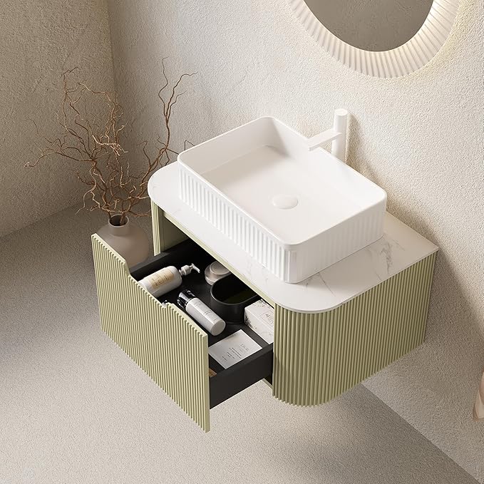 Yayzy 30" Floating Bathroom Vanity with Sink, Solid Wood Fluted Cabinet, White Fluted Square Ceramic Basin & Faux Marble Top, Soft-Close Drawer, Pre-Assembled, Light Green