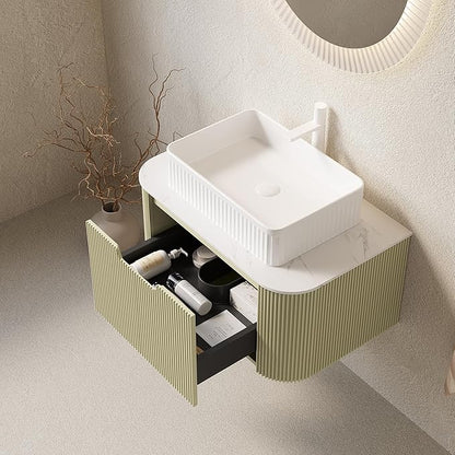Yayzy 30" Floating Bathroom Vanity with Sink, Solid Wood Fluted Cabinet, White Fluted Square Ceramic Basin & Faux Marble Top, Soft-Close Drawer, Pre-Assembled, Light Green