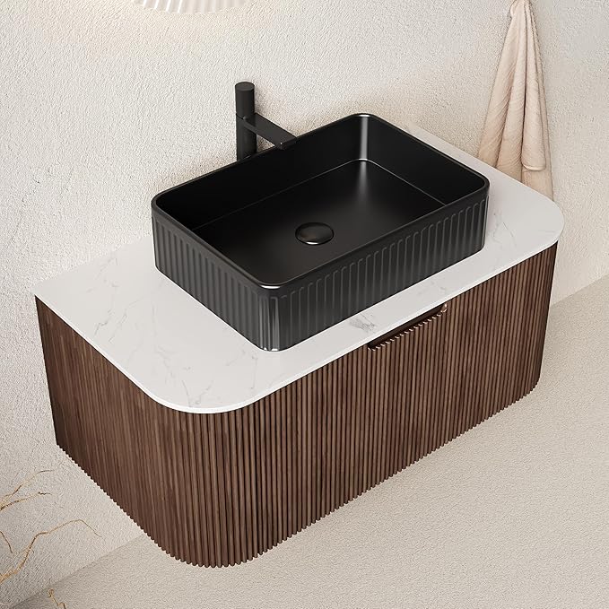36'' Bathroom Vanities Cabinet with Sink, Wall Mounted Floating Cabinet W/Curved Edges Stripes, Oak Plywood, Soft-Close System with a Drawer, Black Rectangular Ceramic Basin - Kiel, Dark Walnut/B