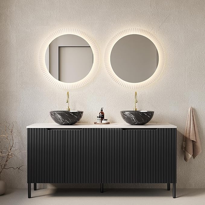 Ambrovina 60" Bathroom Vanity with Double Sink, Freestanding Bathroom Storage Cabinet with 4 Soft-Closing Doors, 2 Black Bowl Ceramic Basins and Carrara White Sintered Stone Countertop, Gloss Black