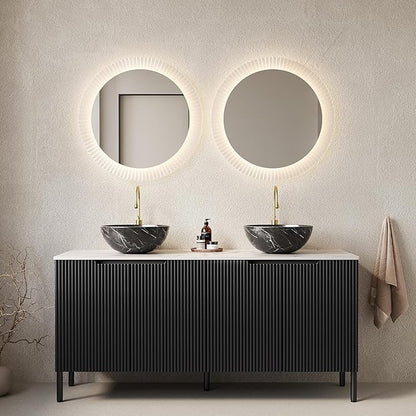Ambrovina 60" Bathroom Vanity with Double Sink, Freestanding Bathroom Storage Cabinet with 4 Soft-Closing Doors, 2 Black Bowl Ceramic Basins and Carrara White Sintered Stone Countertop, Gloss Black