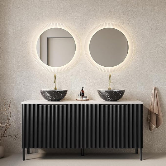 Ambrovina 60" Bathroom Vanity with Double Sink, Freestanding Bathroom Storage Cabinet with 4 Soft-Closing Doors, 2 Black Bowl Ceramic Basins and Carrara White Sintered Stone Countertop, Gloss Black