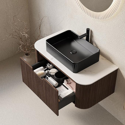 36'' Bathroom Vanities Cabinet with Sink, Wall Mounted Floating Cabinet W/Curved Edges Stripes, Oak Plywood, Soft-Close System with a Drawer, Black Rectangular Ceramic Basin - Kiel, Dark Walnut/B