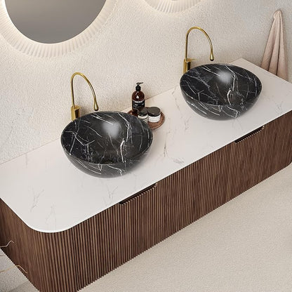 60'' Bathroom Vanities Cabinet with Sink, Wall Mounted Floating Cabinet W/Curved Edges Stripes, Oak Plywood, Soft-Close System with 2 Drawer & 2 Black Bowl Ceramic Basin - Kiel, Dark Walnut/R