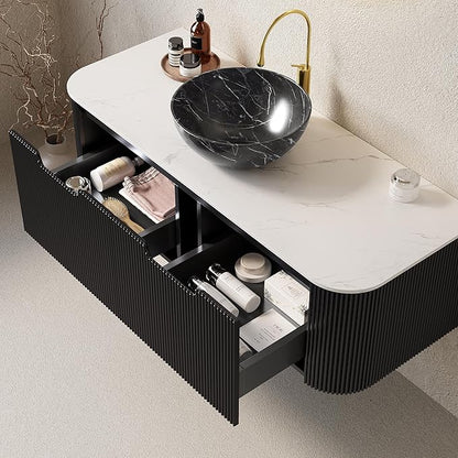 Yayzy 48" Floating Bathroom Vanity with Sink, Solid Wood Fluted Cabinet, White Marble-Patterned Ceramic Basin & Faux Marble Top, Soft-Close Drawer, Pre-Assembled, Gloss Black