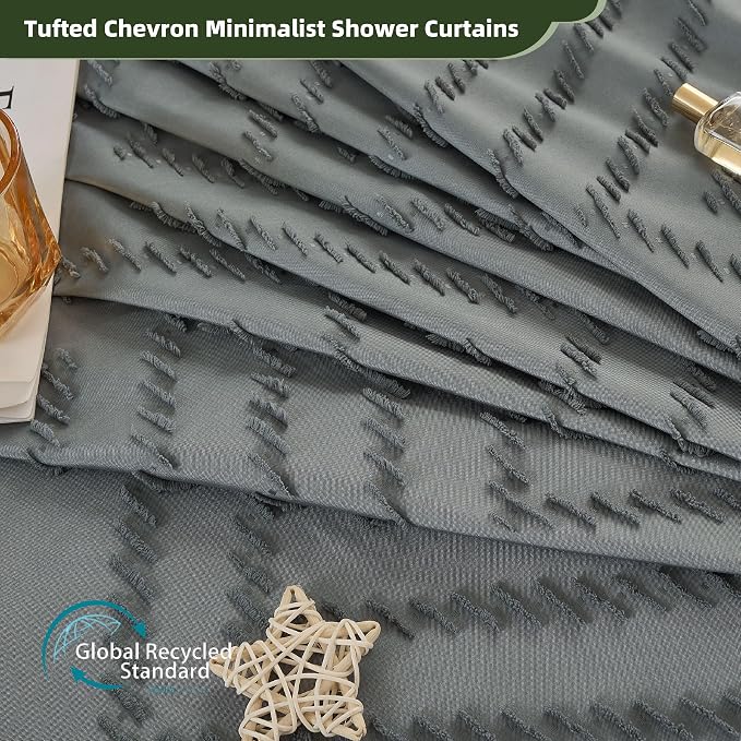 Siiluminisoy Extra Long Grey Boho Shower Curtain with Tassel, Woven Fabric 96 in Shower Curtain, Tufted Chevron Striped, 72 x 96, Modern Chic Textured Minimalist Bathroom Shower