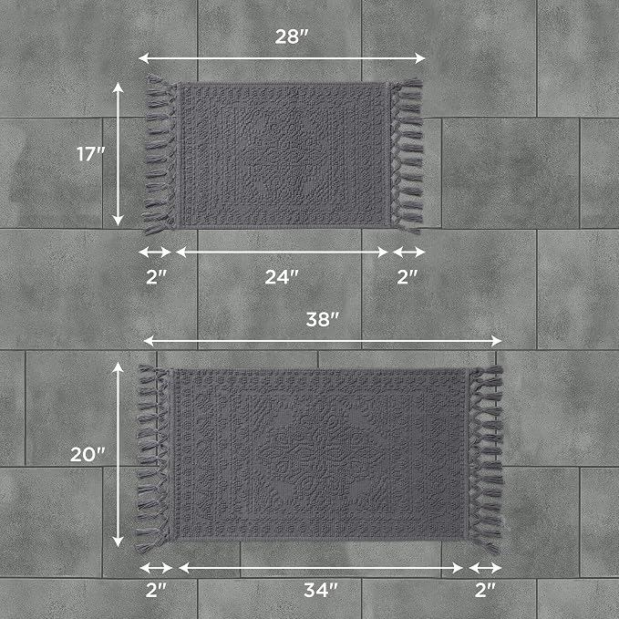 French Connection Nellore Bathroom Rugs, Set of 2 Woven and Beaded Bathroom Mats, Durable Bath Rugs, Thick Bath Mats for Bathroom and Shower Rugs, 17" x 28" and 20" x 38", Charcoal
