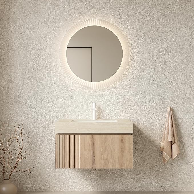KEIKI 30 Inch Floating Bathroom Vanity with Sink, Modern Wall Mounted Storage Cabinet with Drawer, Pre-assembled Waterproof Wood Panels, Sintered Stone Top & Ceramic Basin Combo Set, White Oak & Beige