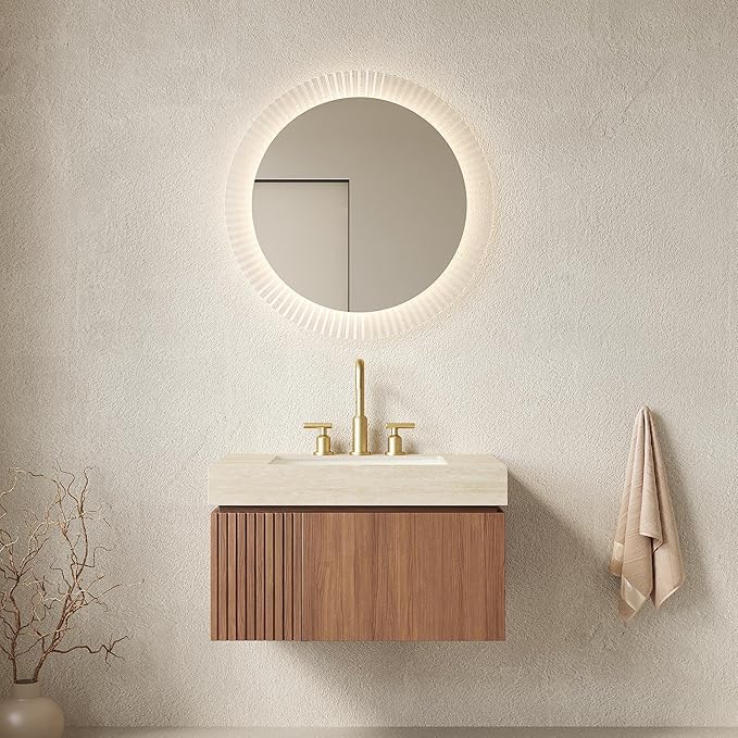 KEIKI 30 Inch Floating Bathroom Vanity with Sink, Modern Wall Mounted Storage Cabinet with Drawer, Pre-assembled Waterproof Wood Panels, Sintered Stone Top & Ceramic Basin Combo Set, Brown Oak & Beige